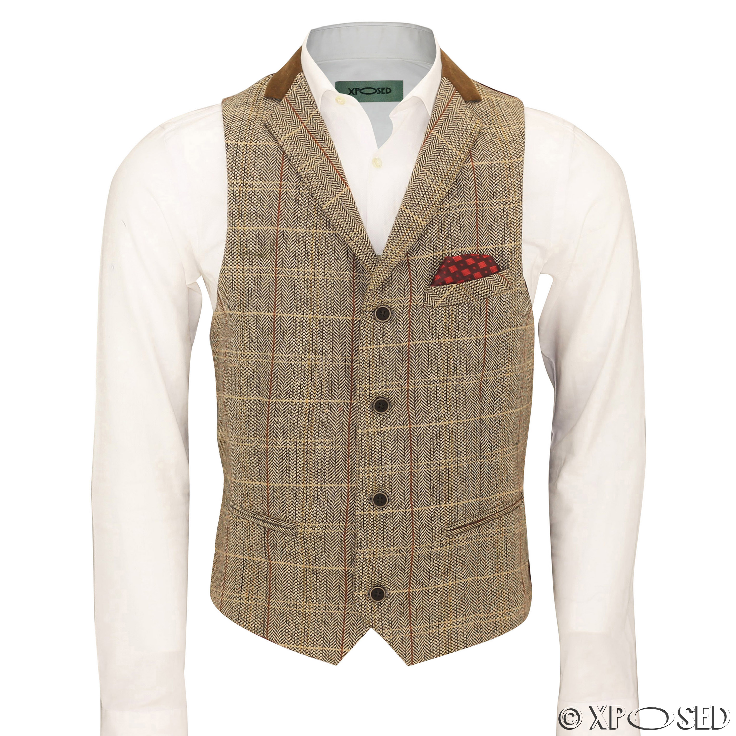 Mens Waistcoat Wool Mix Herringbone Tweed Check Velvet Collar Smart